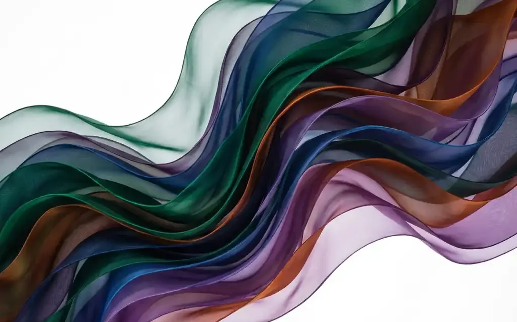 Layered translucent ribbons in teal, purple, and coral flowing against white background with smooth gradient transitions