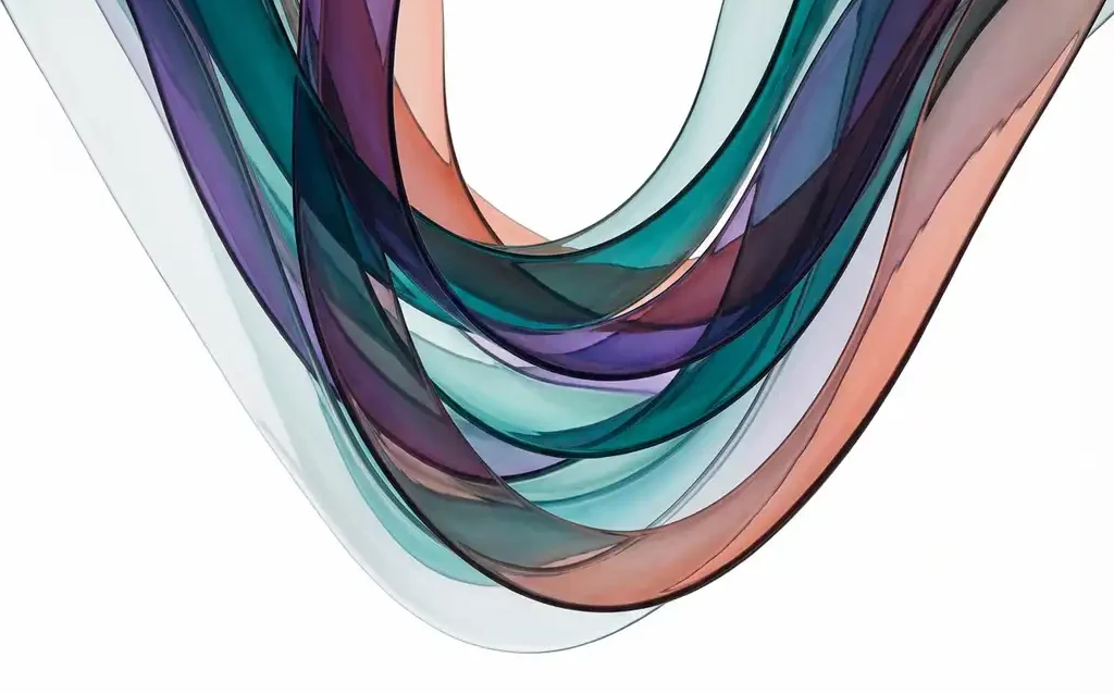 Abstract flowing ribbons in teal, purple, and coral tones cascading across white space symbolizing cost reduction and efficiency