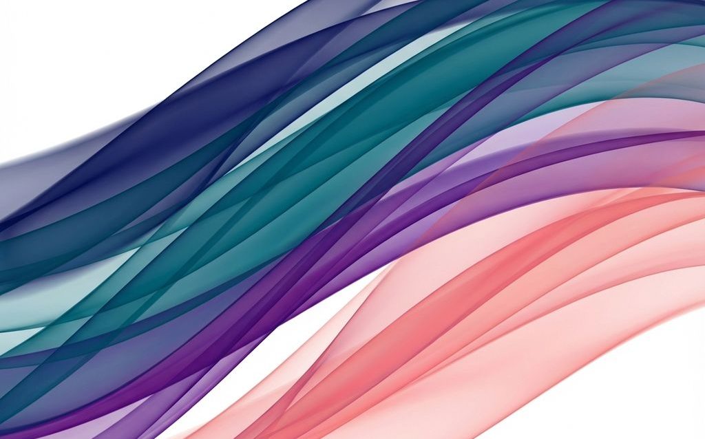 Flowing translucent ribbons in teal, purple, coral pink, and indigo create dynamic waves across white background