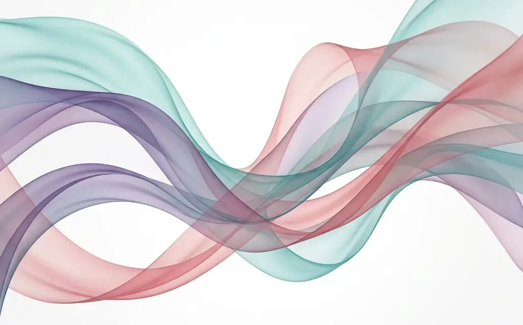 Translucent teal, violet, and blush rose ribbons flowing in overlapping waves across a white background, creating elegant depth through soft gradients.