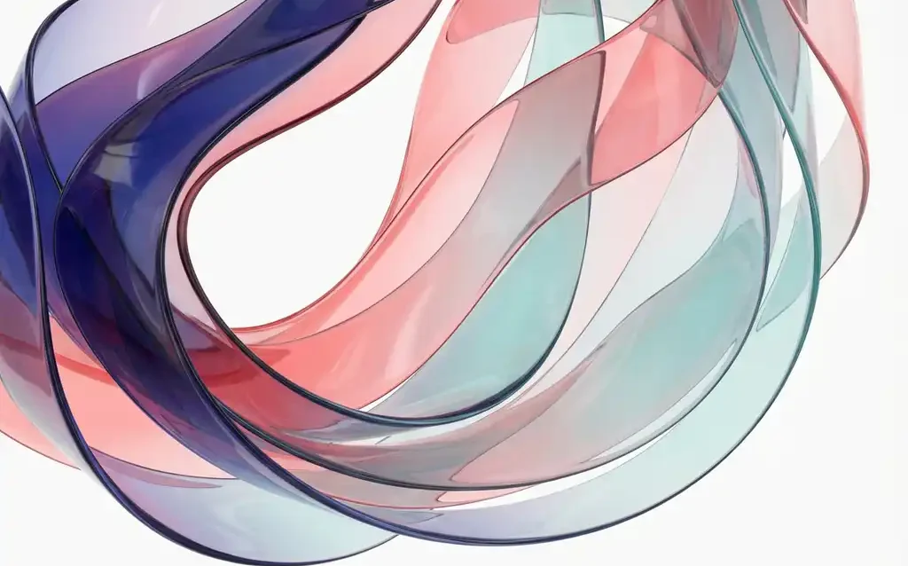 Translucent ribbons in blue, coral pink, and teal intertwining through white space with flowing organic curves and dimensional depth