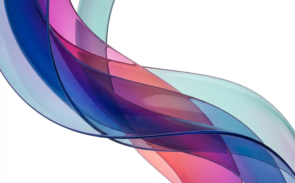 Translucent sapphire blue and magenta ribbons flowing diagonally across white space creating dimensional abstract art