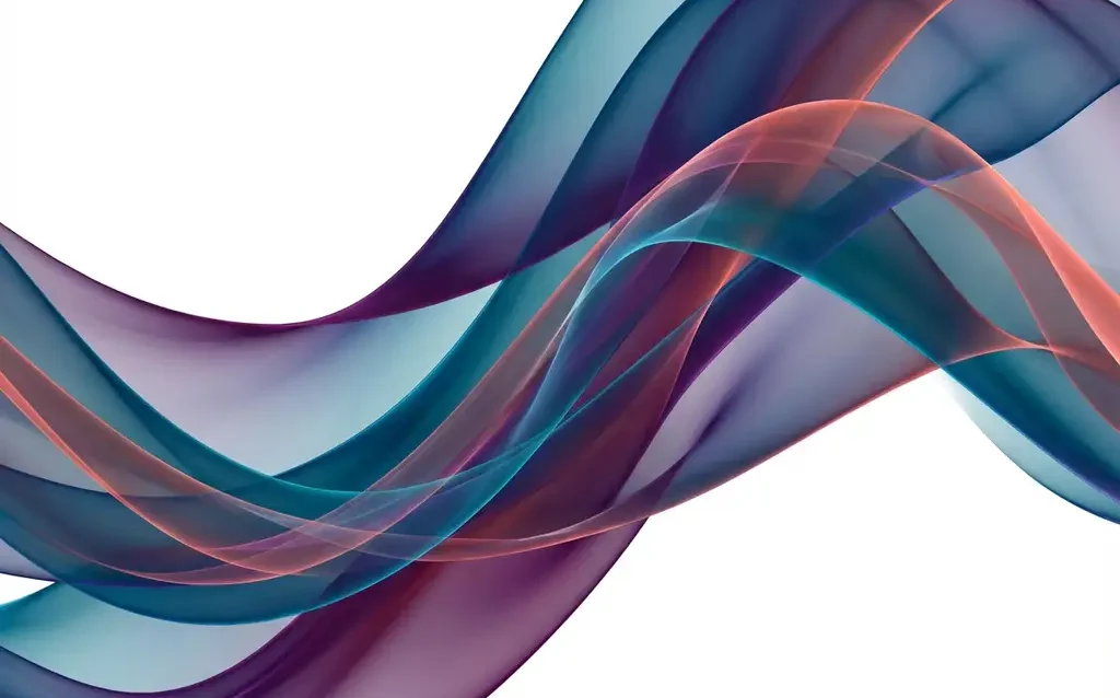 Flowing translucent ribbons in blue, teal, purple, and coral creating an abstract composition with dimensional depth on white