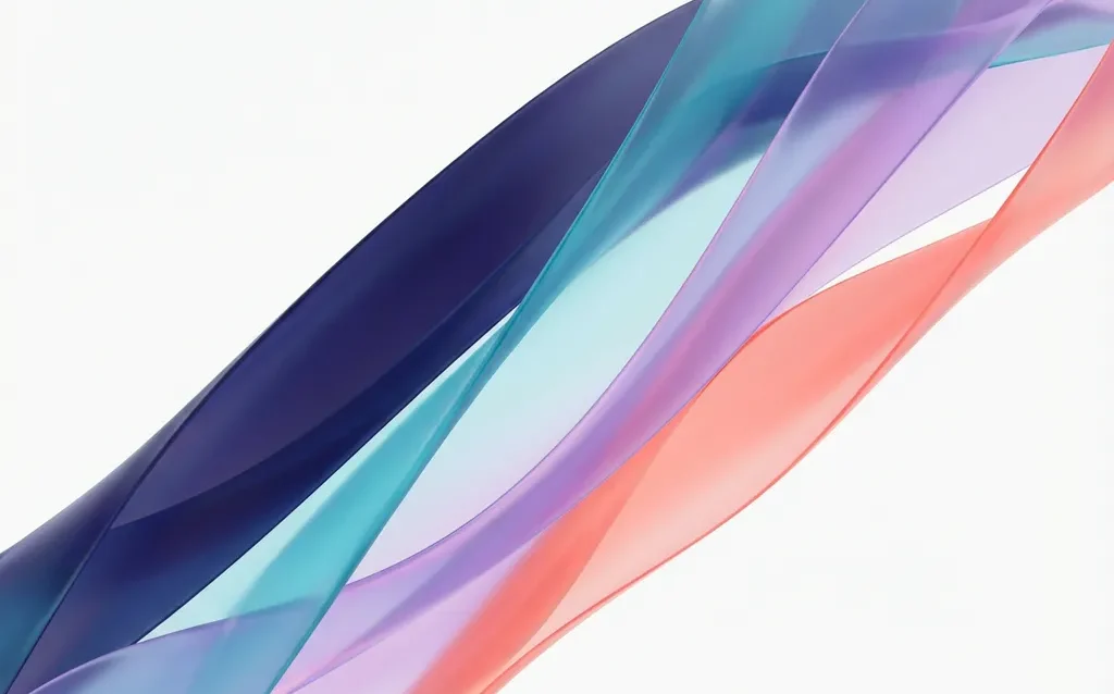 Translucent ribbons in blues, teals, purples, and coral flowing diagonally across white space with elegant curves