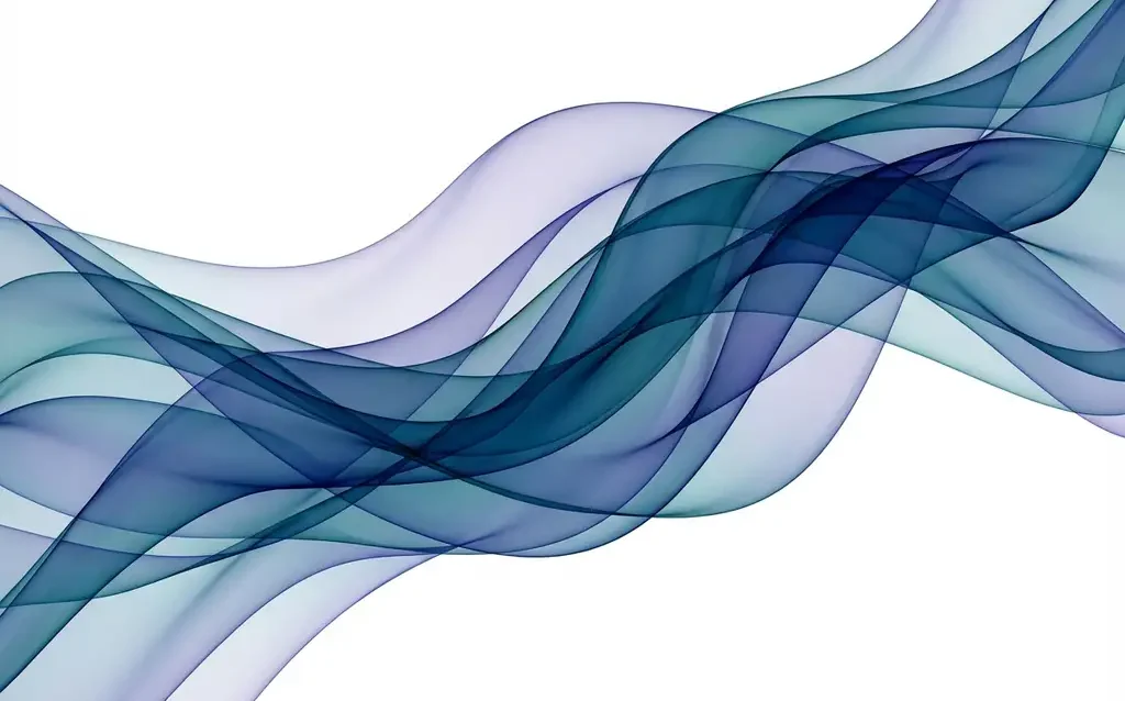 Abstract composition of flowing translucent ribbons in blues, teals, and purples with smooth curves and luminous depth