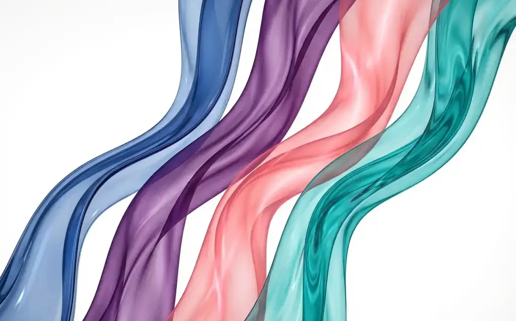 Four translucent ribbons in blue, purple, coral, and teal flowing in parallel waves across white space with layered depth