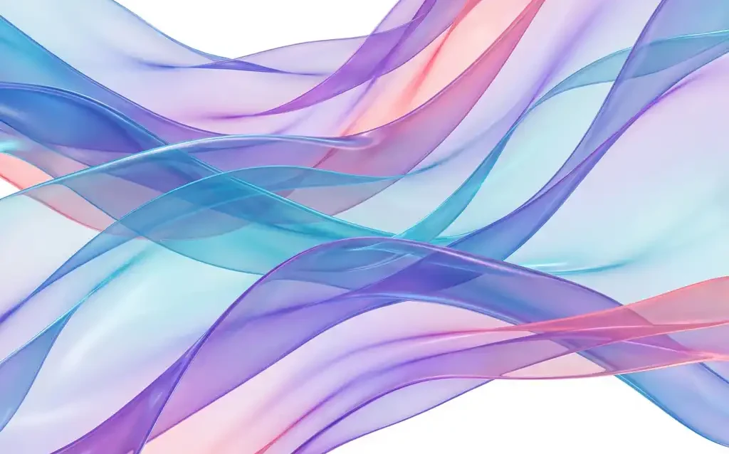 Flowing translucent ribbons in blue, teal, purple, and coral gradients creating dimensional depth on white background