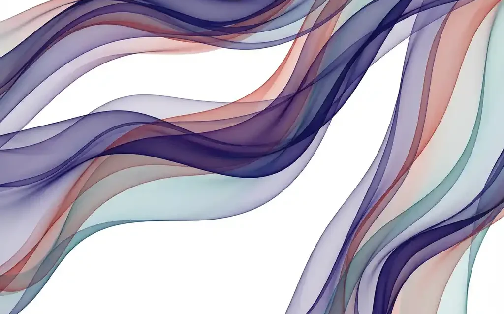 Layered translucent ribbons in indigo, violet, coral and teal flowing in organic waves across white background