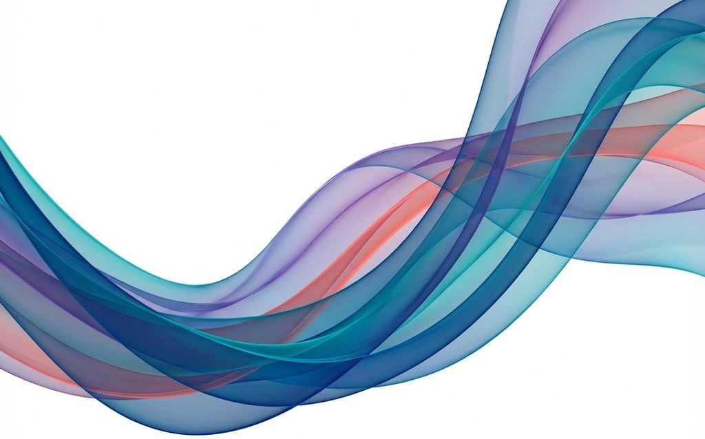 Layered translucent ribbons in ocean blues, teals, purples, and coral creating flowing abstract depth with gradient transitions