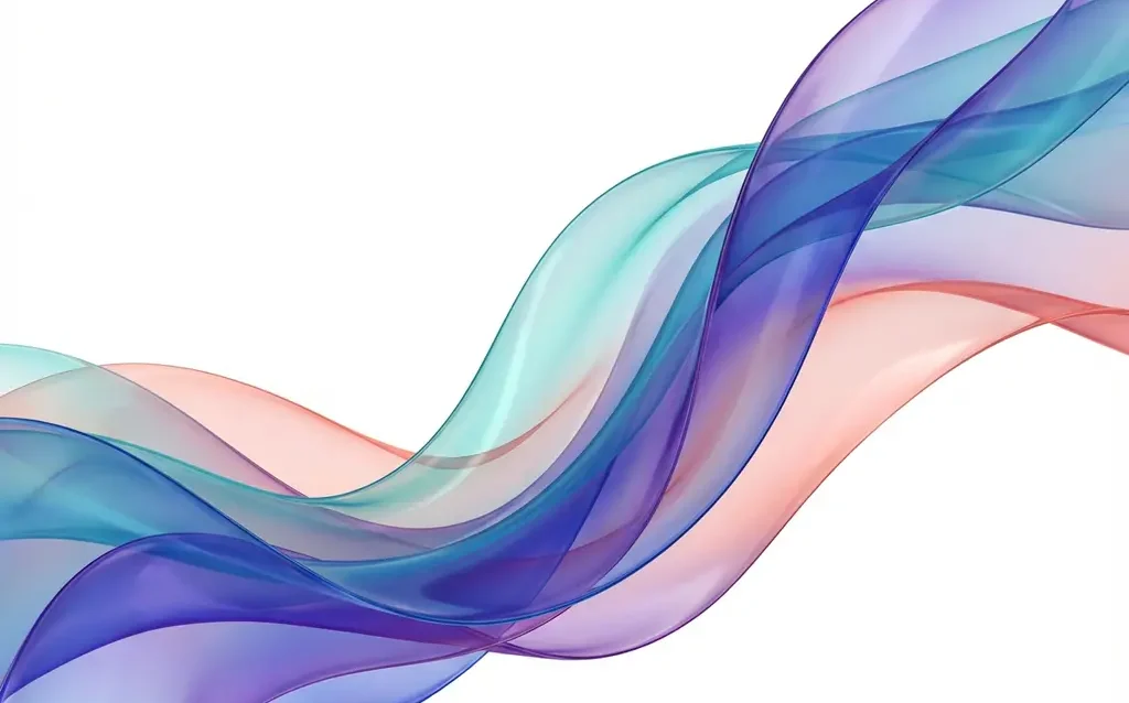 Flowing translucent ribbons in blue, teal, purple, and coral create an abstract wave pattern on white background