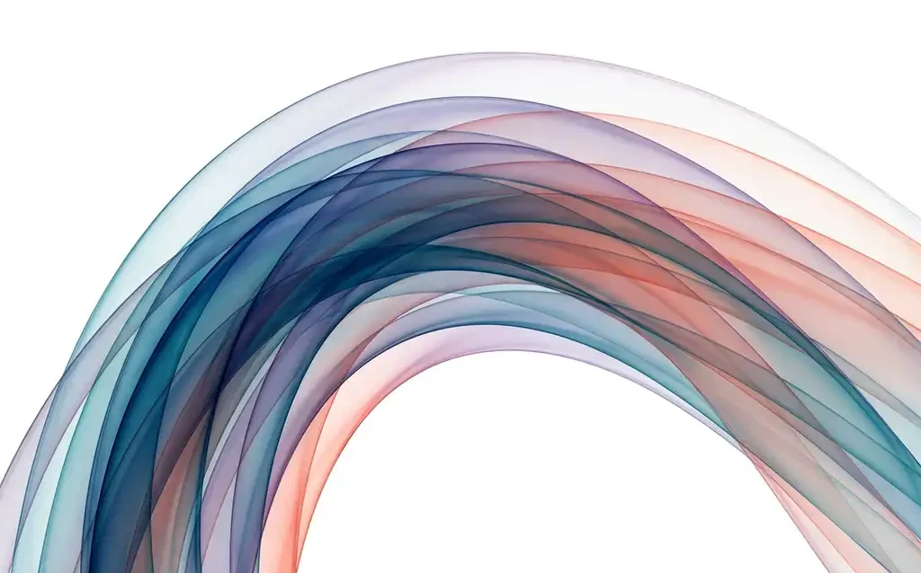 Flowing translucent ribbons in blue, teal, purple, and coral creating an elegant abstract wave composition on white background