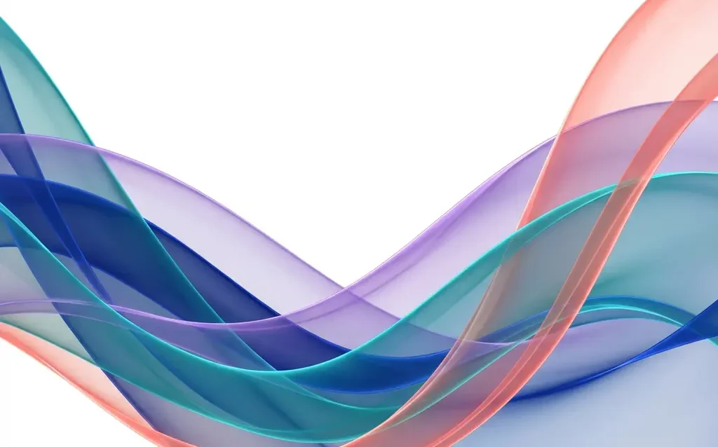 Flowing translucent ribbons in blue, teal, violet, and coral gradients creating dimensional abstract waves on white background