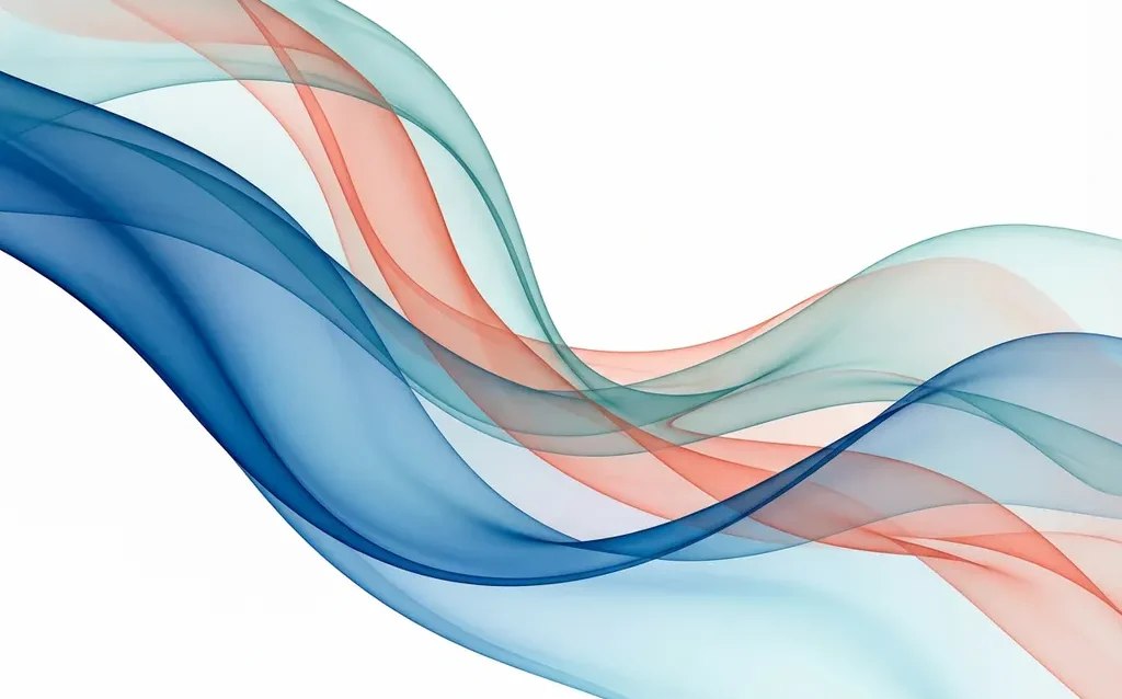 Abstract flowing ribbons in azure blue, teal, and coral on white background with transparent layered waves