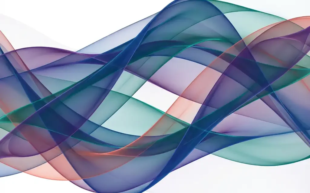 Abstract flowing translucent ribbons in jewel-toned blues, teals, purples and coral on white background with layered depth