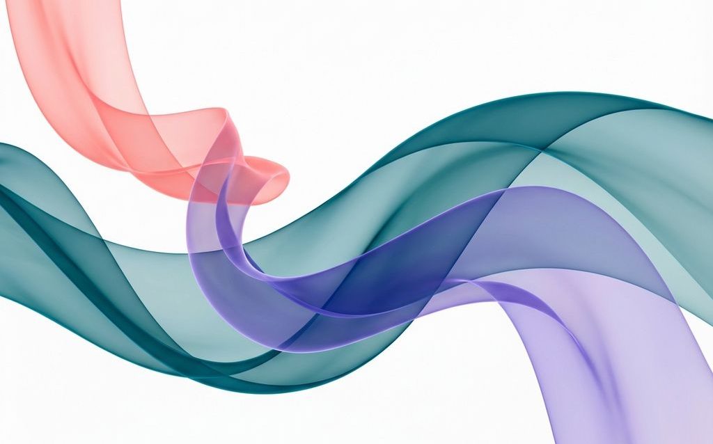 Abstracte digitale kunst met vloeiende linten in diepblauw, violet en koraalroze op witte achtergrond