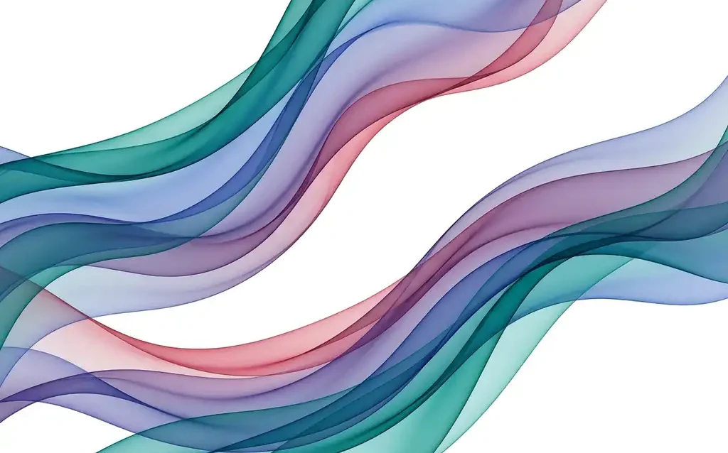 Translucent silk ribbons in teal, cobalt blue, violet, and rose curl in layered organic waves against white space.