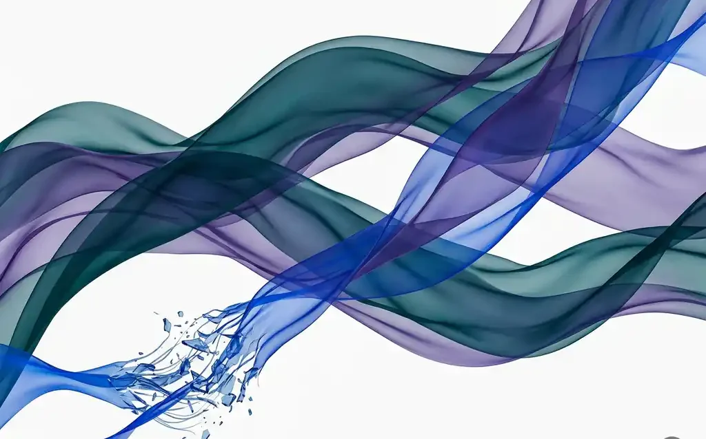 Translucent teal, violet, and blue ribbons flowing in organic waves, one fraying into shards, suggesting elegance and vulnerability on a white background.