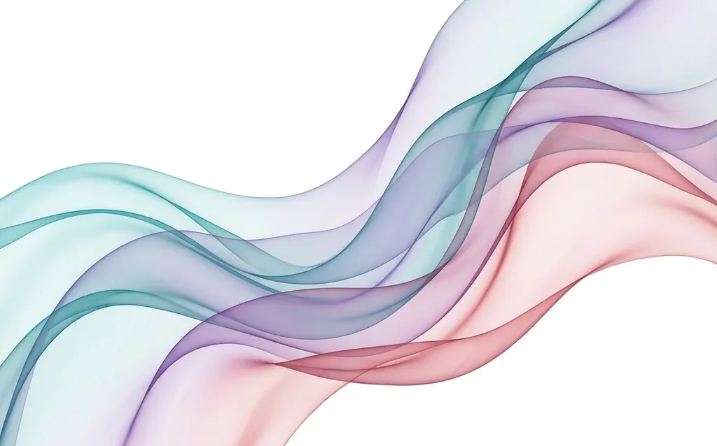 Translucent teal, violet, and rose ribbon waves overlapping on a white background, creating depth through soft gradients and glassy transparency.