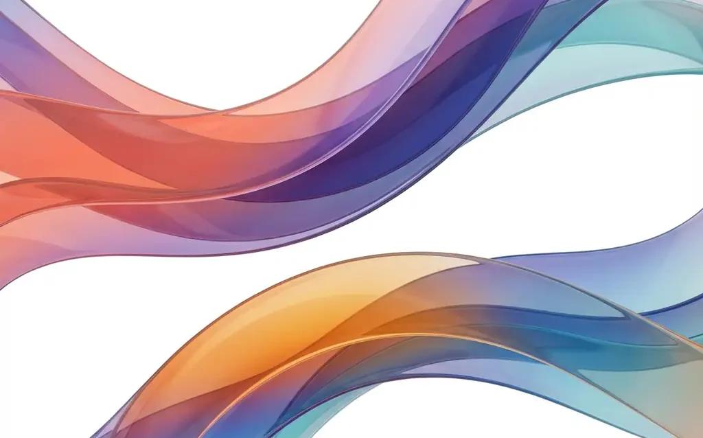 Abstract flowing translucent ribbons in coral, violet, and teal gradients with smooth organic waves on white background