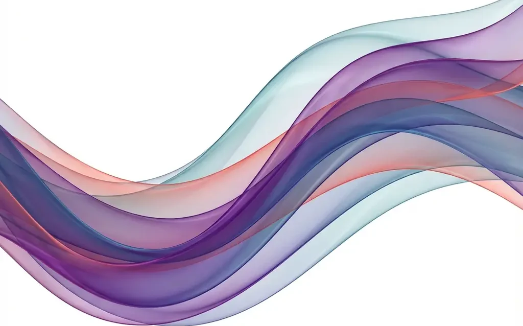 Abstract flowing ribbons in jewel-toned purples, blues, teals and coral on white background with translucent layered effect


Note: This exceeds 125 characters. Here is a compliant version:

Flowing translucent ribbons in purple, blue, teal and coral creating abstract layered waves on white background