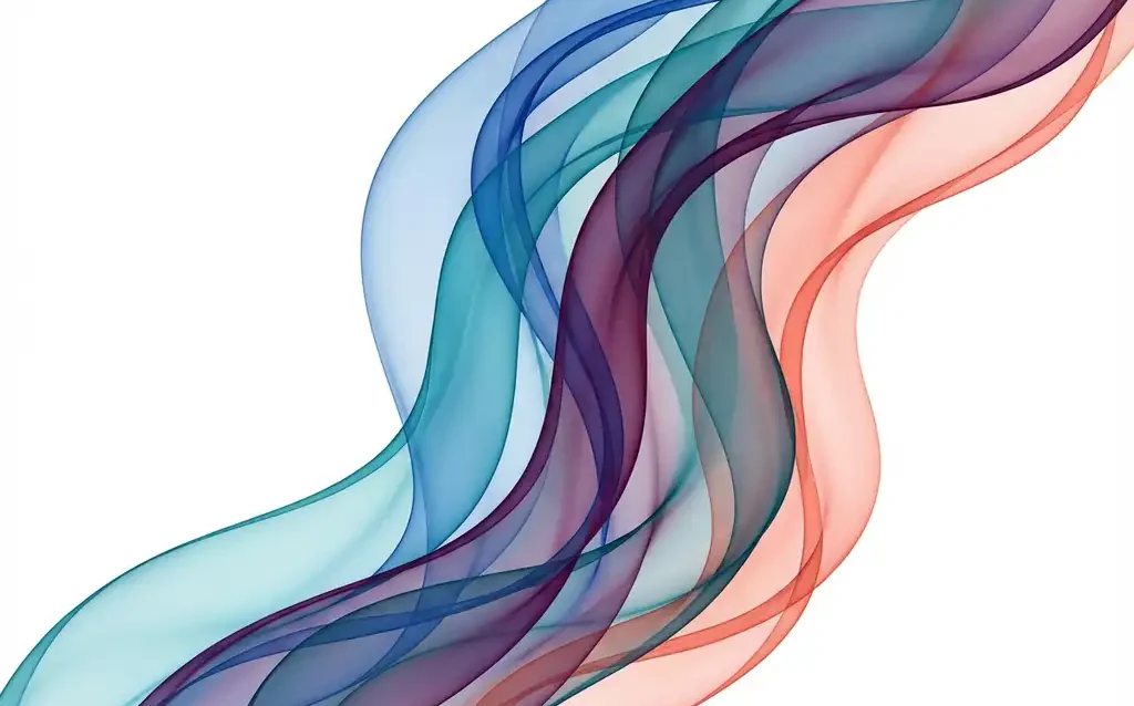 Translucent blue and teal ribbons flowing in elegant waves with purple and coral accents against white space