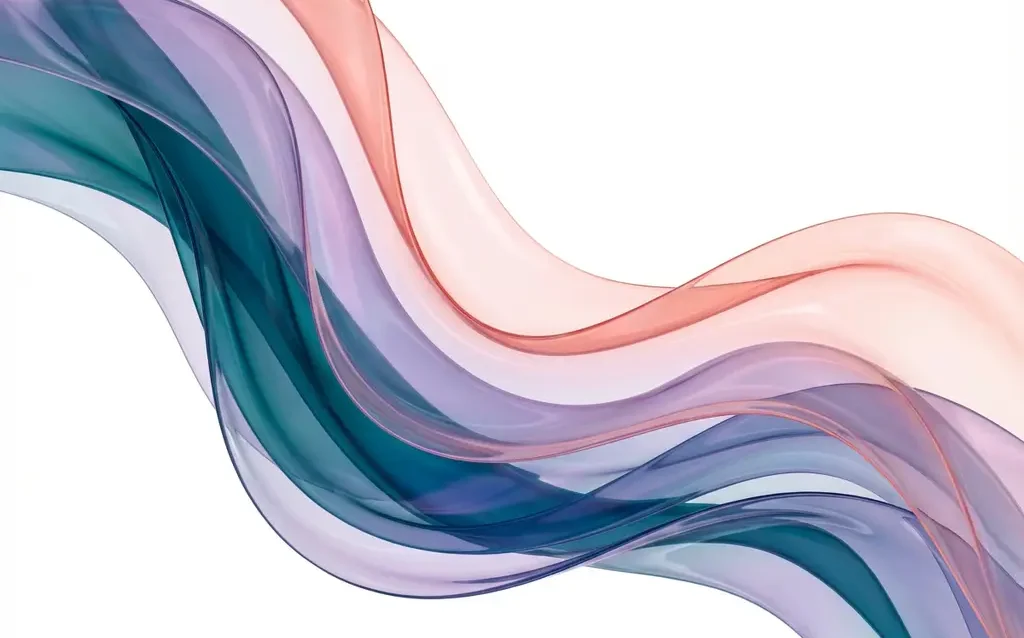 Abstract flowing ribbons in teal, violet, and coral with transparent layers creating luminous depth on white background