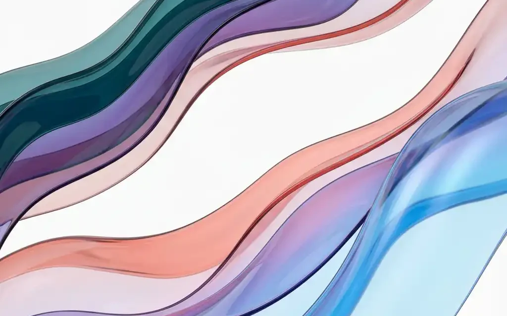 Abstract flowing ribbons in teal, violet, coral and blue with translucent layers on white background
