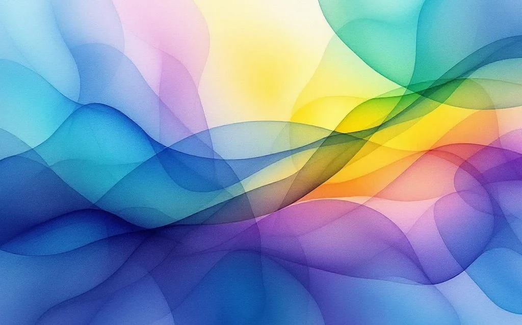 Abstract watercolor with flowing blue to teal gradients, emerald green, and golden yellow highlights representing digital connectivity