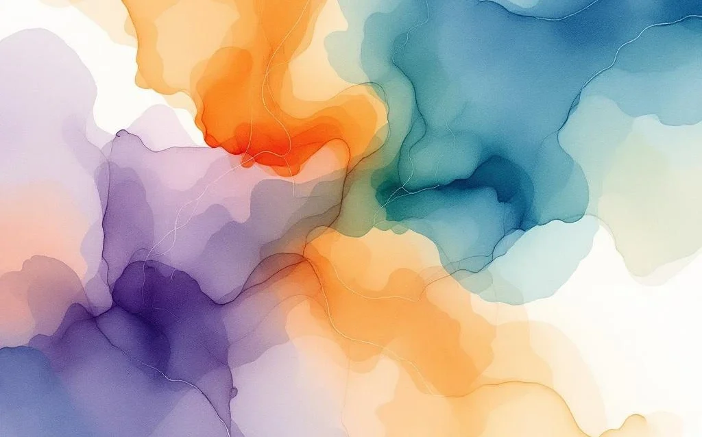 Abstract watercolor painting with flowing blues, teals, oranges and purples representing digital technology and urban energy.