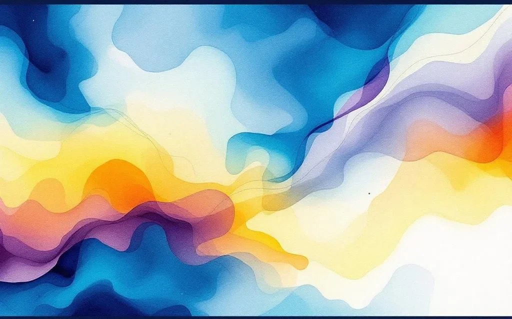 Abstract watercolor painting with flowing navy blue, cyan, amber and purple washes blending organically on white background.
