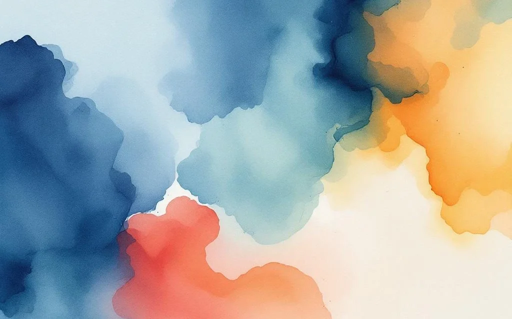 Abstract watercolor painting with flowing ocean blue, coral orange, sage green, and amber gradients in organic layers