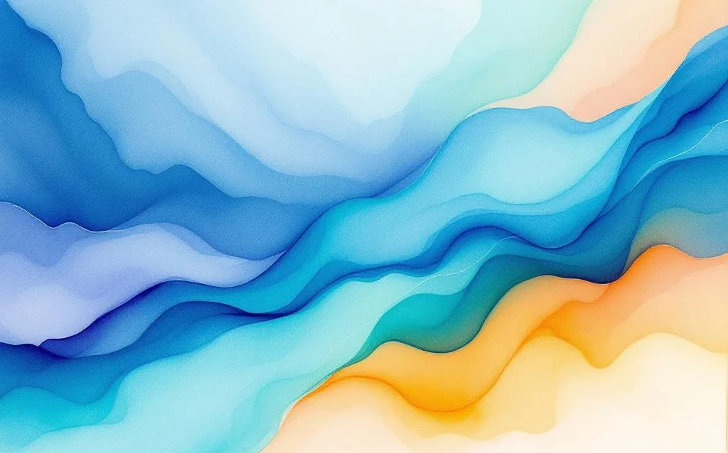 Abstract watercolor painting with flowing navy to electric blue gradients, emerald green washes, and purple accents on white