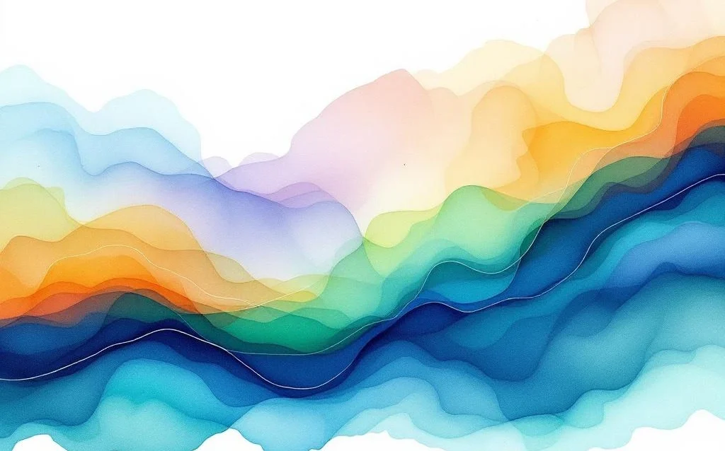 Abstract watercolor painting with flowing indigo, blue, and emerald green gradients blending into golden amber tones