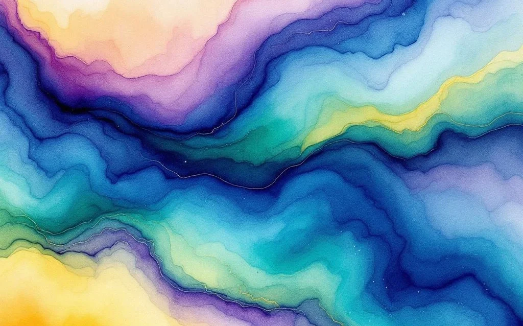 Abstract watercolor painting with flowing gradients from deep navy to electric blue, emerald green, and golden yellow highlights.