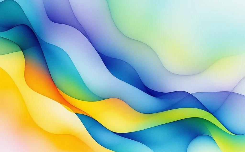 Abstract watercolor painting with flowing gradients of ocean blue, emerald green, amber and violet in organic transitions.