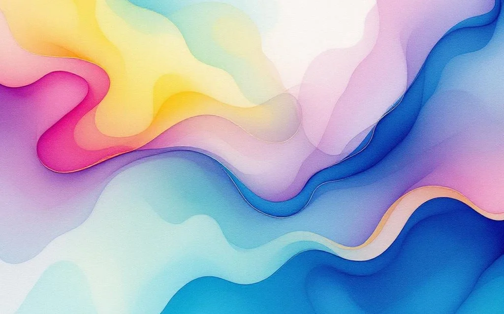 Abstract watercolor painting with flowing blue, magenta, and lavender gradients blending with emerald green and gold accents.