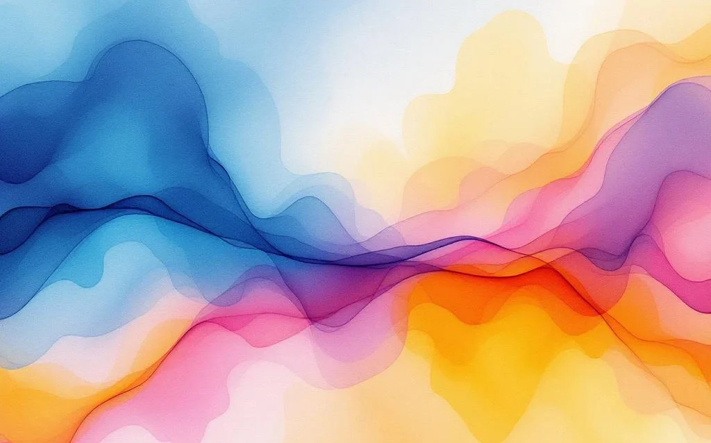 Abstract watercolor painting with flowing blue and teal gradients blending into orange and yellow with purple transitions
