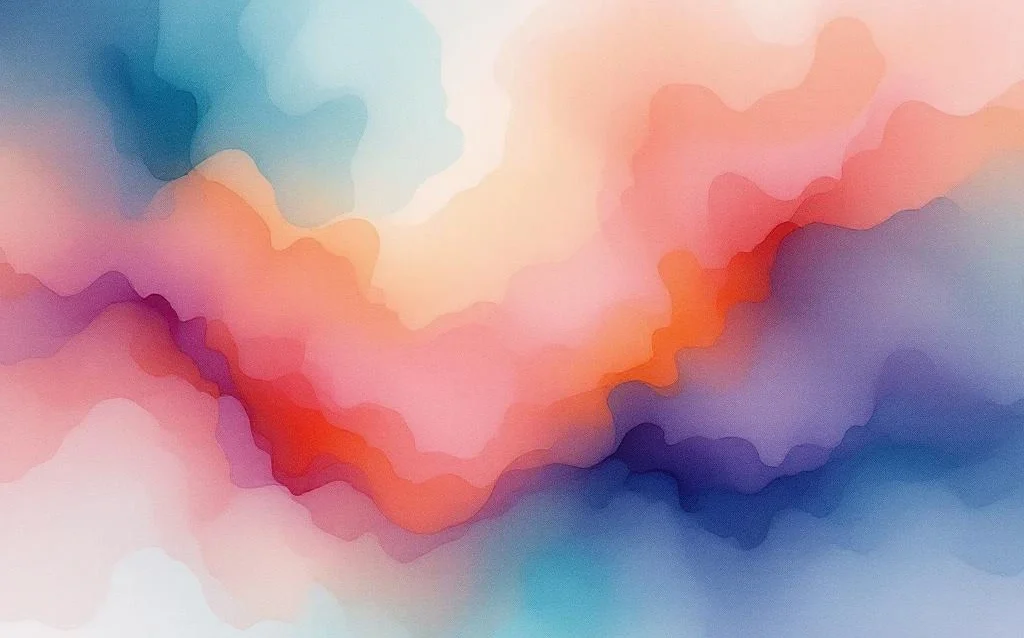 Abstract watercolor painting with flowing blue to orange gradients, purple accents, and organic cloud-like formations