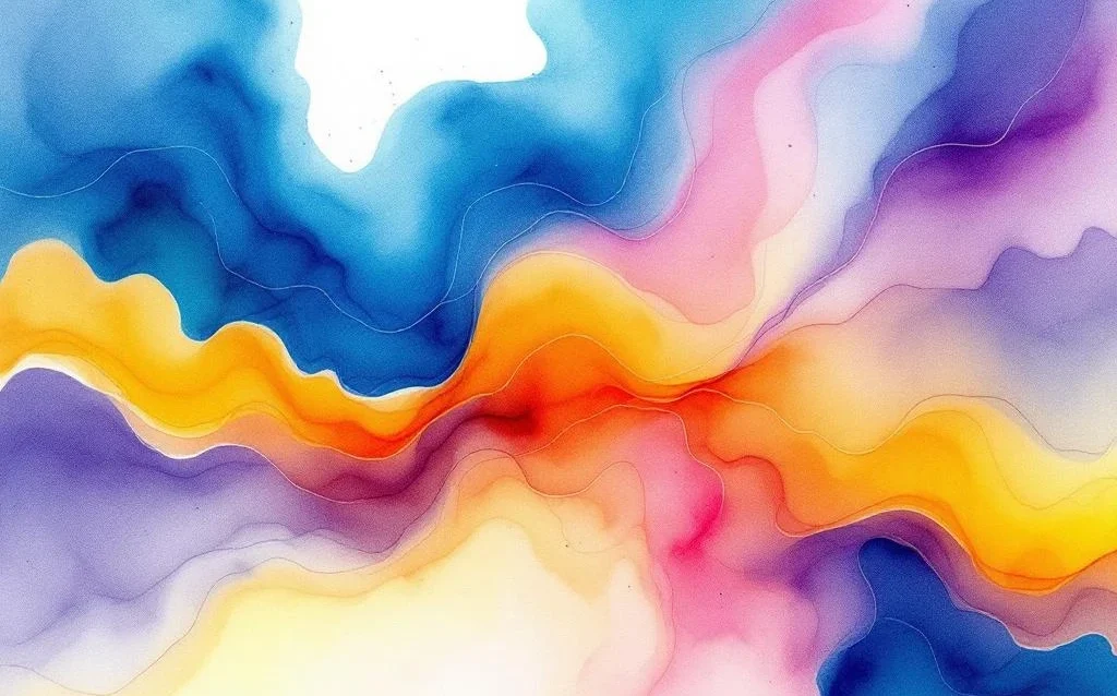 Abstract watercolor painting with flowing blue, teal, orange and yellow gradients suggesting digital connectivity and AI innovation.