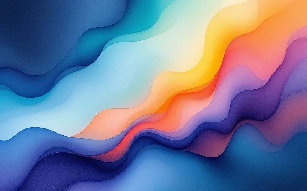 Abstract watercolor painting with flowing blue and teal gradients blending into vibrant orange and yellow hues