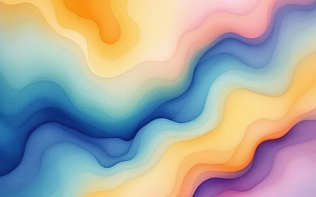 Abstract watercolor painting with flowing blue and teal gradients blending into vibrant orange and yellow hues