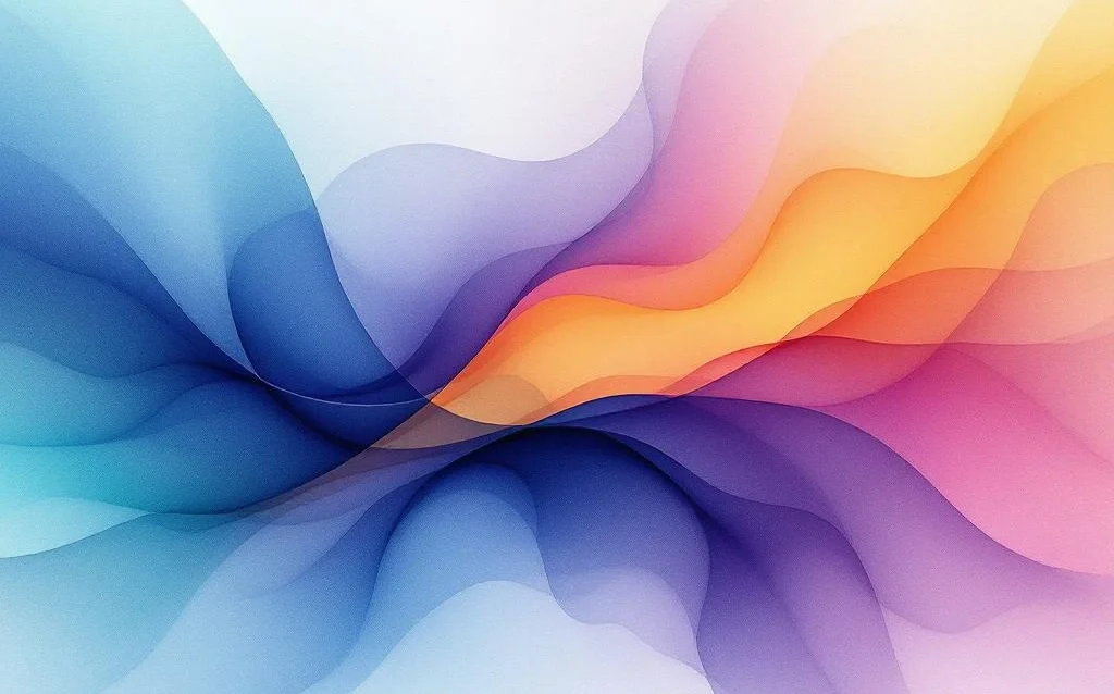 Abstract watercolor painting with flowing blue and teal gradients blending into vibrant orange and yellow hues with soft purple transitions.