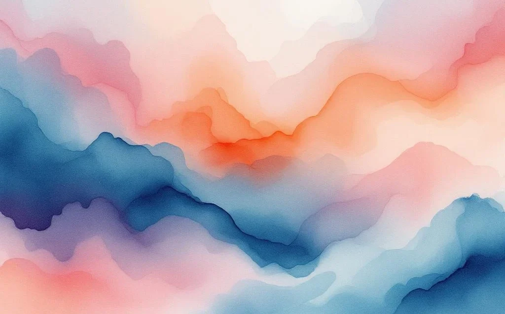 Abstract watercolor painting with flowing blues, oranges, and purples blending in organic cloud-like formations