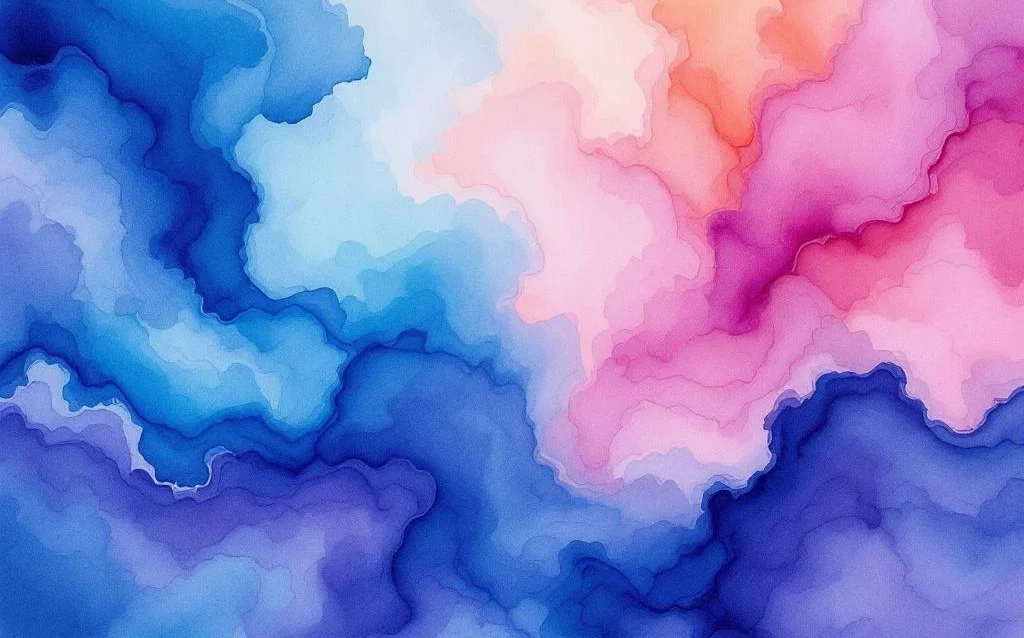 Abstract watercolor painting with flowing blues, teals, purples, and coral tones blending in organic cloud-like formations.