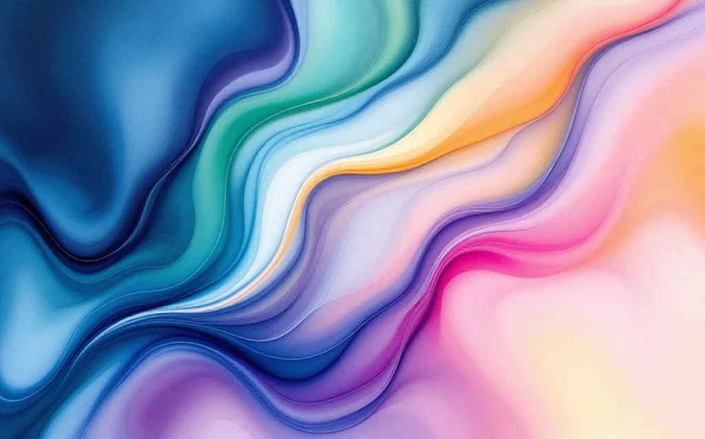 Abstract watercolor painting with flowing blue, purple, teal and green gradients blending from dark edges to light center