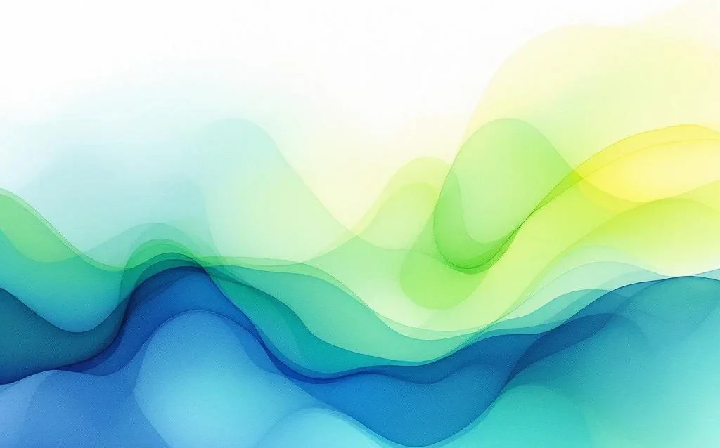 Abstract watercolor painting with flowing blue and purple gradients blending into bright teals and electric greens