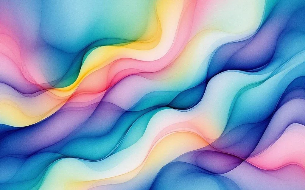 Abstract watercolor painting with flowing blue and purple gradients blending into teal, green, yellow, and coral hues.