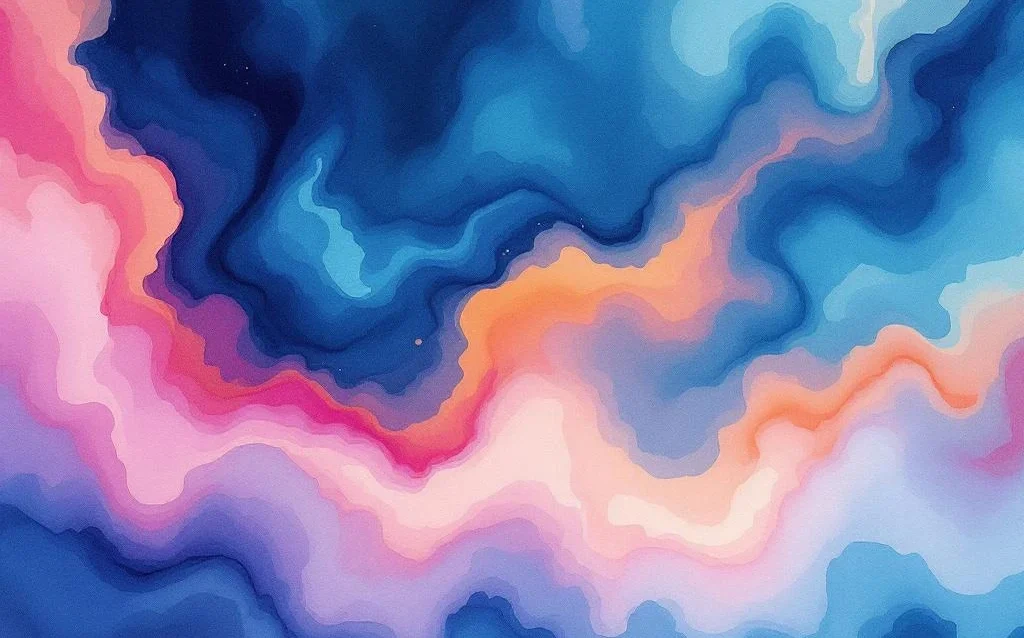 Abstract watercolor painting with flowing blue, teal, purple and magenta gradients blending into coral and amber tones