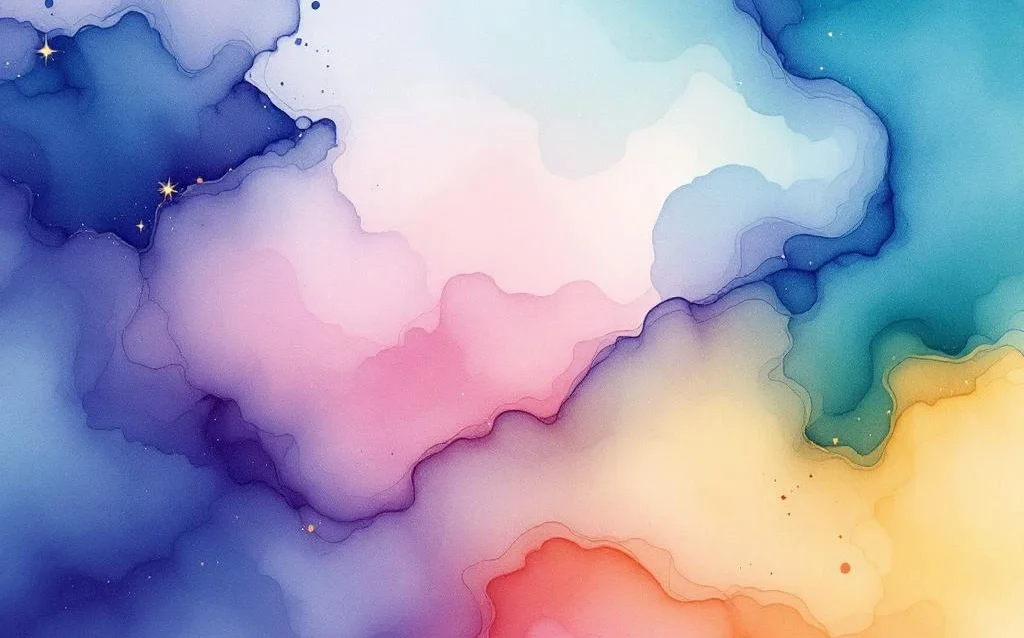 Abstract watercolor painting with flowing blue-purple gradients, emerald green washes, and coral pink accents in minimalist style.