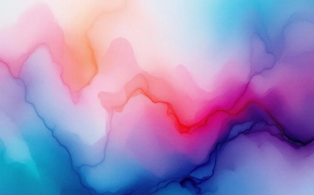 Abstract watercolor painting with flowing blue, teal, purple, and coral gradients blending organically across canvas